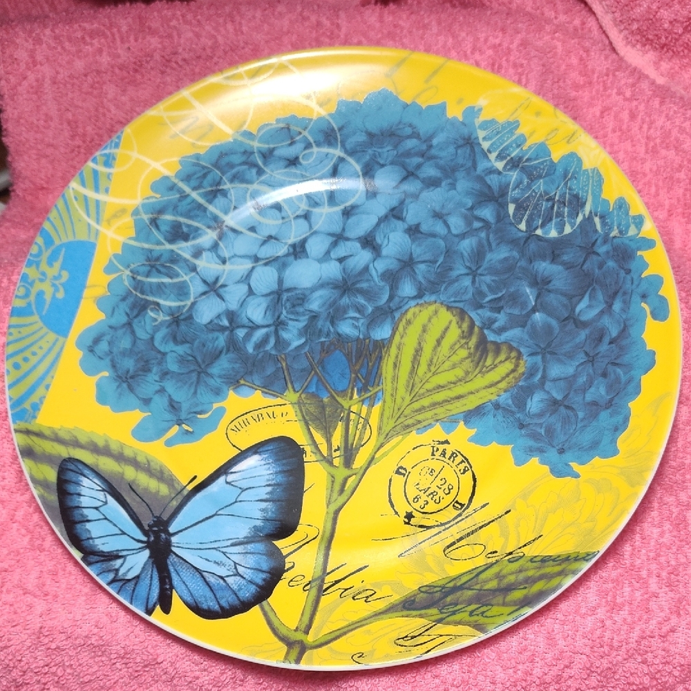 Decorative Blue Hydrangea and Butterfly Plate - Yellow Background